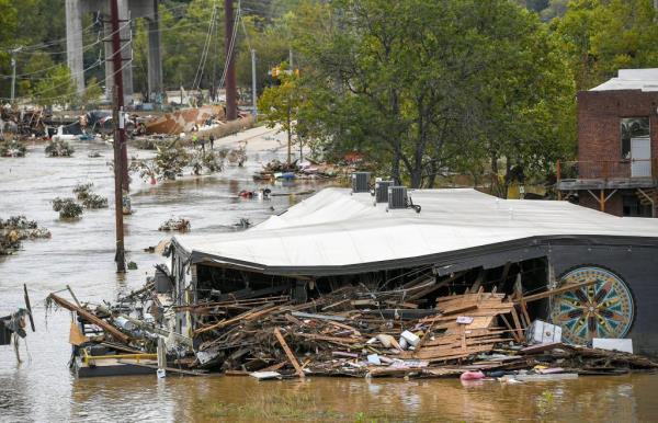 Flooding recedes in the River Arts District in downtown Asheville, N.C. Sunday, Sept. 29, 2024.