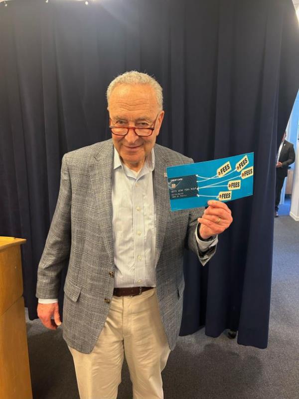 Senator Charles Schumer, D-N.Y., at a press conference against high credit card fees on May 19, 2024. (Courtesy of the Office of Senator Charles Schumer)